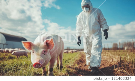 Veterinarian walking near pig in hazmat suit on farm during inspection for disease Veterinarian walking near pig in hazmat suit on farm during inspection for disease 121403324
