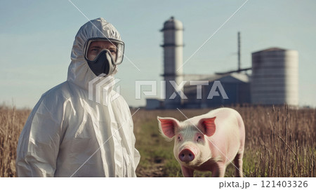 Veterinarian wearing hazmat suit protecting from swine flu next to pig and factory farm Veterinarian wearing hazmat suit protecting from swine flu next to pig and factory farm 121403326