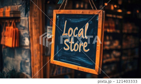 Local store sign hanging outside a small business 121403333