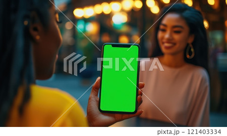 Two young women showing smartphone with green screen in a bar at night 121403334
