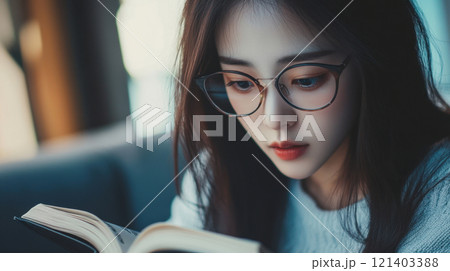Young woman wearing glasses reading a book at home Young woman wearing glasses reading a book at home 121403388