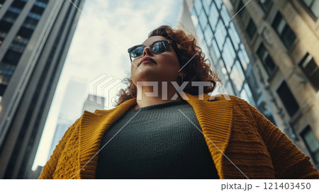 Young businesswoman walking in new york city and looking up at skyscrapers 121403450