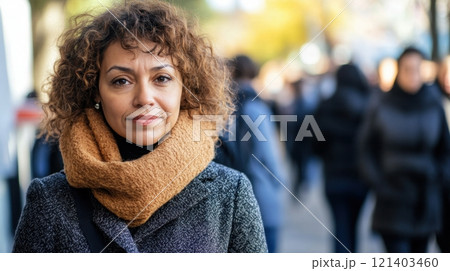 Confident businesswoman standing in busy city street during autumn Confident businesswoman standing in busy city street during autumn 121403460