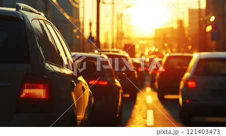 Cars standing in a traffic jam at sunset in the city Cars standing in a traffic jam at sunset in the city 121403473