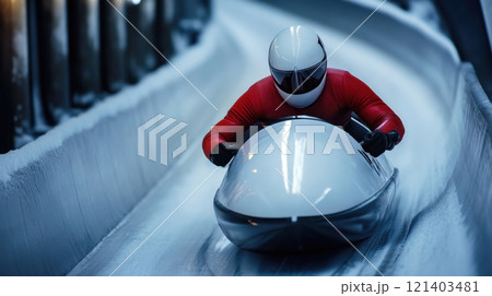 Professional athlete is sliding down the ice track on a luge during a race 121403481