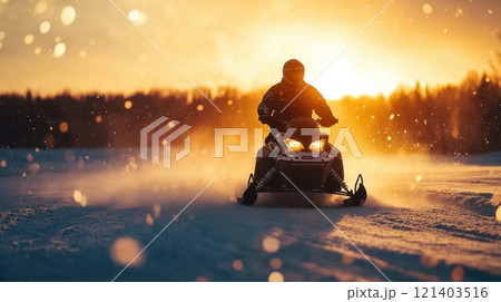 Snowmobiler riding fast in winter wonderland at sunset Snowmobiler riding fast in winter wonderland at sunset 121403516