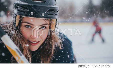Female hockey player smiling while holding hockey stick during snowfall Female hockey player smiling while holding hockey stick during snowfall 121403529