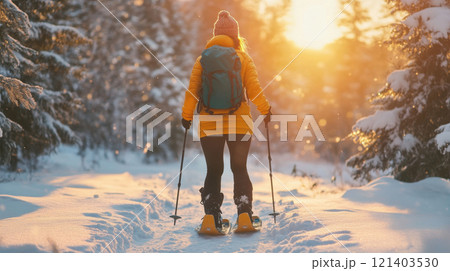 Woman hiking with snowshoes at sunset in a snowy forest Woman hiking with snowshoes at sunset in a snowy forest 121403530