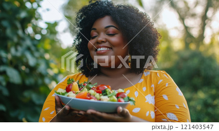 Happy plus size black woman holding bowl of fresh vegetables in garden 121403547