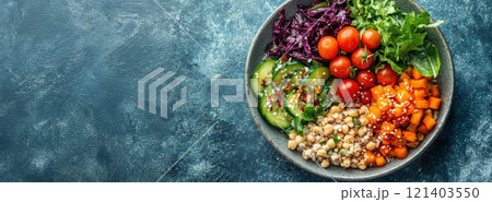 Buddha bowl presenting wheat berries, chickpeas, roasted sweet potatoes, and fresh vegetables 121403550