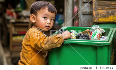 Poor asian child searching for food in garbage container Poor asian child searching for food in garbage container 121403633