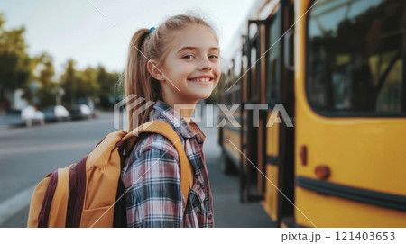 Smiling student girl wearing backpack waiting for school bus Smiling student girl wearing backpack waiting for school bus 121403653