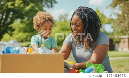 Mother and daughter recycling plastic bottles together outdoors 121403658