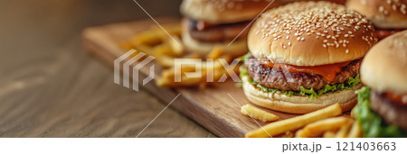 Delicious hamburgers with french fries resting on wooden cutting board 121403663