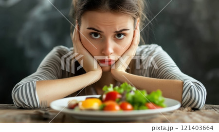 Sad young woman looking at a plate of healthy food 121403664