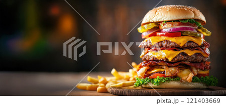 Delicious cheeseburger towering high with french fries on rustic wooden table 121403669
