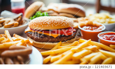 Delicious cheeseburger dominating a table full of fast food and sauces 121403671
