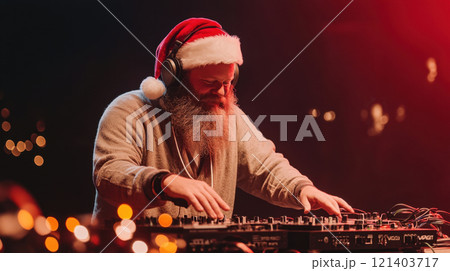 Dj wearing santa hat playing music at christmas party Dj wearing santa hat playing music at christmas party 121403717