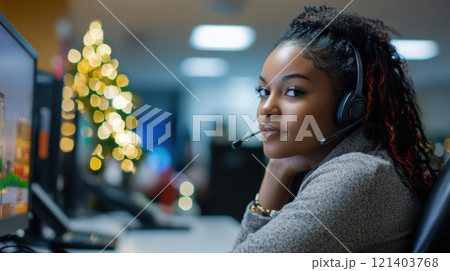 Confident african american woman working with headset in call center during christmas time Confident african american woman working with headset in call center during christmas time 121403768