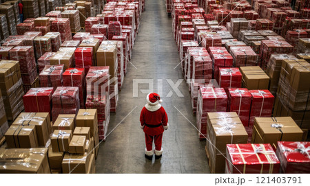 Santa claus inspecting christmas gifts in warehouse: festive season preparations 121403791