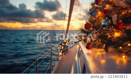 Christmas tree decorated with baubles and fairy lights on sailboat at sunset Christmas tree decorated with baubles and fairy lights on sailboat at sunset 121403811