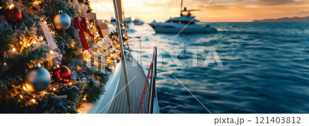 Yacht decorated with christmas tree sailing at sunset Yacht decorated with christmas tree sailing at sunset 121403812