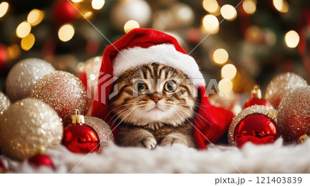 Cute kitten wearing santa hat lying near christmas ornaments 121403839