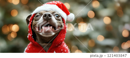 Happy smiling dog wearing christmas costume winking at decorated tree 121403847