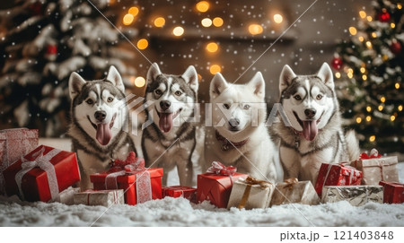 Four husky dogs posing with christmas gifts and decorated trees 121403848