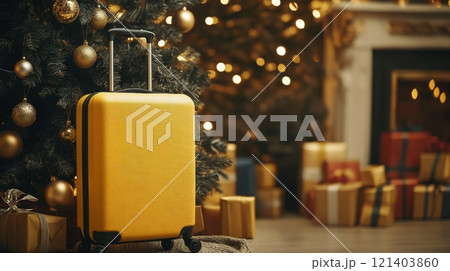 Yellow suitcase stands near decorated christmas tree symbolizing holiday travel Yellow suitcase stands near decorated christmas tree symbolizing holiday travel 121403860