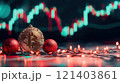 Bitcoin christmas ornament shining with stock market charts in background 121403861
