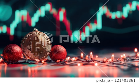 Bitcoin christmas ornament shining with stock market charts in background 121403861