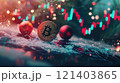 Golden bitcoin standing on snow with christmas decoration and blurred stock market graph showing in background 121403865
