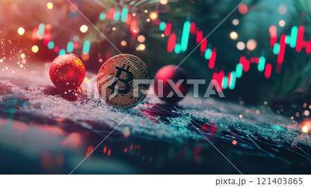 Golden bitcoin standing on snow with christmas decoration and blurred stock market graph showing in background 121403865