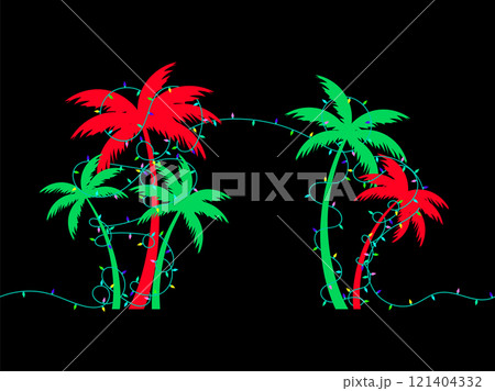 Palm tree silhouettes decorated with Christmas garland with colorful lights. Garlands decoration tropical palm trees on black background. Design for greeting card and banner. Vector illustration Palm tree silhouettes decorated with Christmas garland with colorful lights. Garlands decoration tropical palm trees on black background. Design for greeting card and banner. Vector illustration 121404332