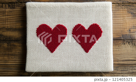 Two embroidered red hearts on white canvas for Valentine's Day decor. 121405325