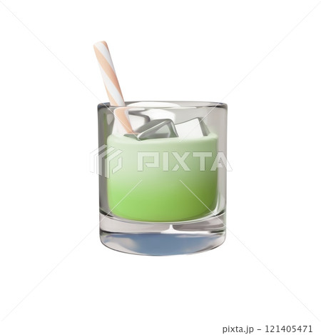 Glass of green juice with ice cubes and tube 3D plastic cartoon vector icon, fresh tea or cocktail beverage drink menu 121405471