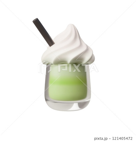 3D illustration of fresh matcha tea with whipped cream in glass glass with a straw 121405472