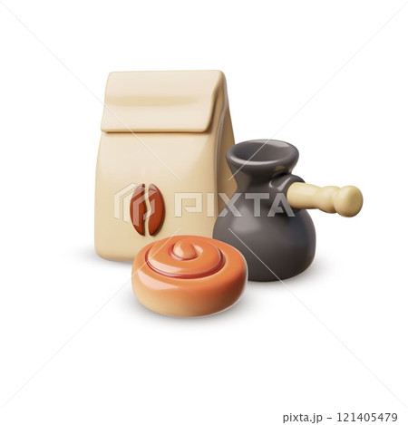Coffee Paper bag package, turk for coffee and bun 3D cartoon plastic style vector icon, realistic pouch coffee, bakery 121405479