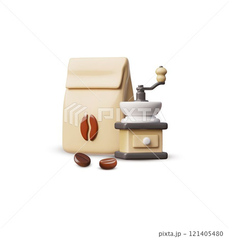 Vector 3d illustration with the image of a coffee grinder with a paper bag and coffee beans. 121405480