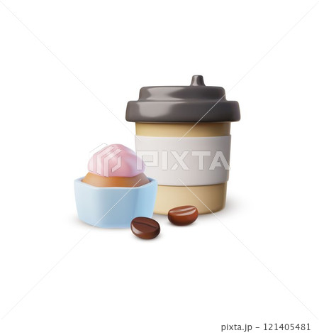 Takeaway Coffee or tea, Coffee to go with cupcake and coffee beans 3D cartoon plastic vector icon, hot beverage, bakery Takeaway Coffee or tea, Coffee to go with cupcake and coffee beans 3D cartoon plastic vector icon, hot beverage, bakery 121405481