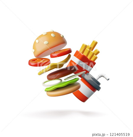 Realistic jumping Hamburger, French fries potatoes and soda 3D cartoon plastic style vector icon, fast food takeaway Realistic jumping Hamburger, French fries potatoes and soda 3D cartoon plastic style vector icon, fast food takeaway 121405519