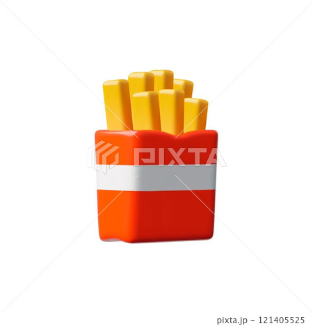 French fries potato pack box 3D cartoon plastic vector icon, fast food takeaway eating, appetizing fried potato sticks 121405525