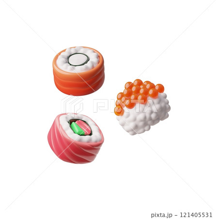 3D sushi and roll with salmon tuna and red caviar, traditional Asian dish with red fish, rice and nori render vector set 121405531