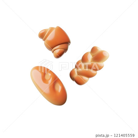 3D bread pastry, ruddy baton plastic cartoon style icon, vector loaf of wheat bread, French croissant and braid bakery 3D bread pastry, ruddy baton plastic cartoon style icon, vector loaf of wheat bread, French croissant and braid bakery 121405559