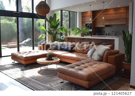 Large brown leather sectional sofa is the centerpiece of living room with rug and coffee table. Well lit and has modern, stylish feel 121405627