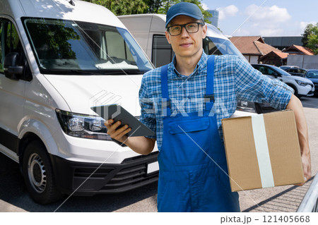 Delivery man in uniform with digital tablet 121405668