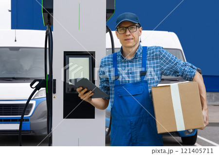 Delivery man in uniform with digital tablet next to electric van 121405711