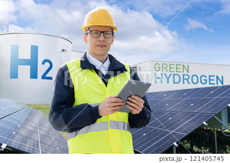 Engineer with tablet computer on a background of Hydrogen factory. 121405745