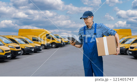Delivery man in uniform with digital tablet 121405747
